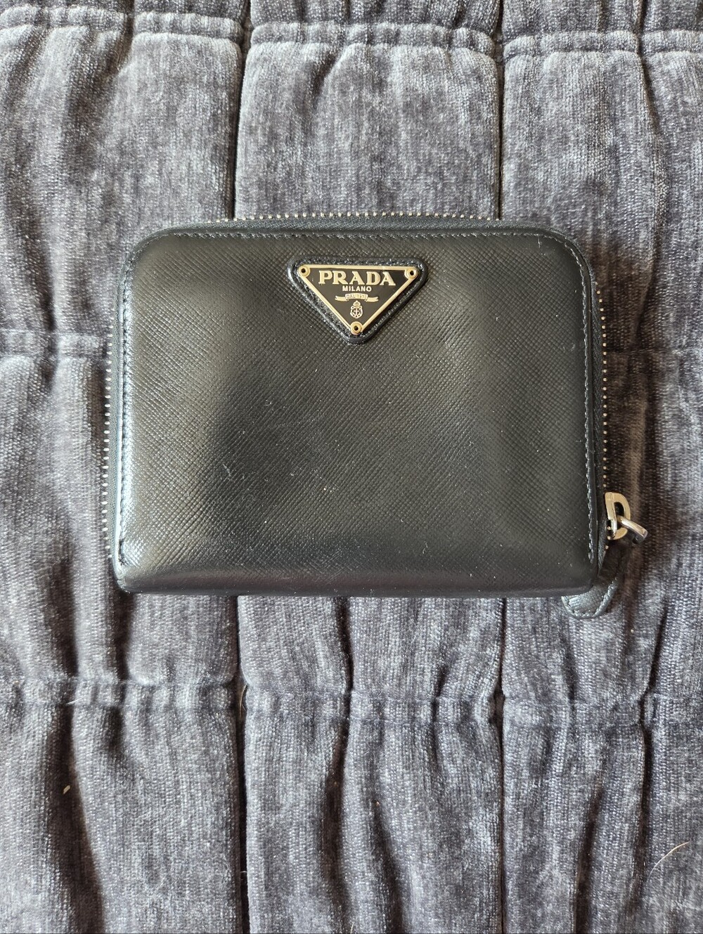 Prada Black Saffiano Leather Zip Card Wallet with Gold Logo